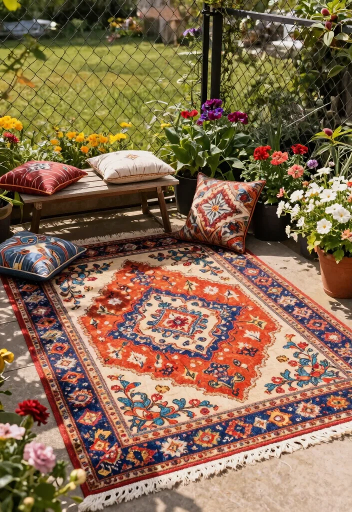 14 Chain Link Fence Ideas That Actually Look Good on a Budget - 13. Garden Rugs and Decor 1