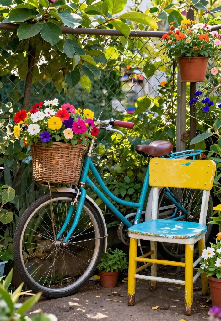 14 Chain Link Fence Ideas That Actually Look Good on a Budget - 14. Repurposed Furniture as Art 1