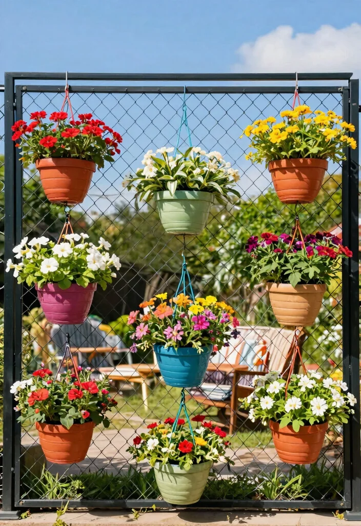14 Chain Link Fence Ideas That Actually Look Good on a Budget - 5. Greenery Overload with Hanging Baskets 1
