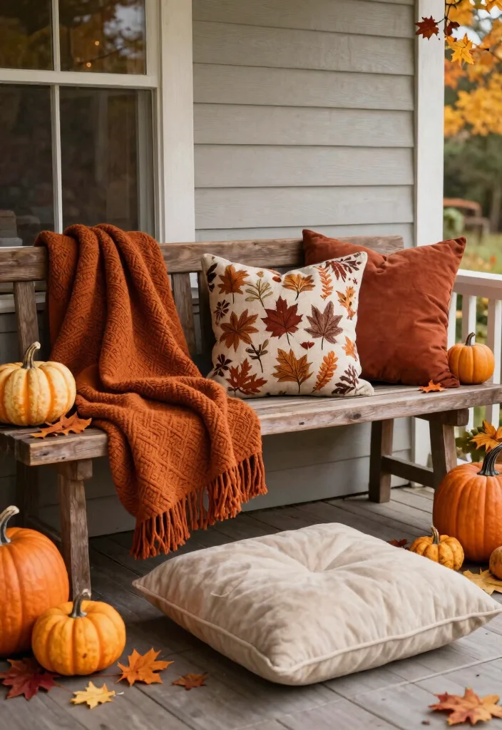 14 Fall Porch Decorating Ideas That Last Through Thanksgiving - 12. Cozy Textile Touches 1