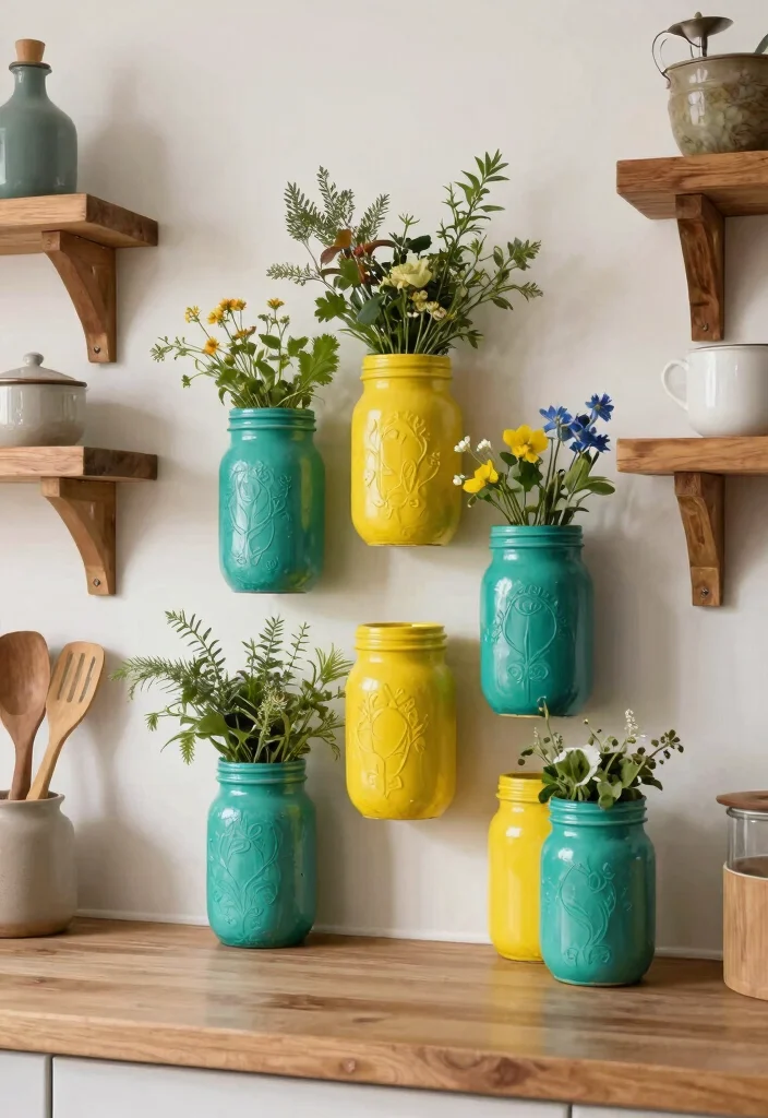 14 Farmhouse Kitchen Backsplash Ideas on a Budget - 1. Painted Mason Jars as a Colorful Backsplash 1