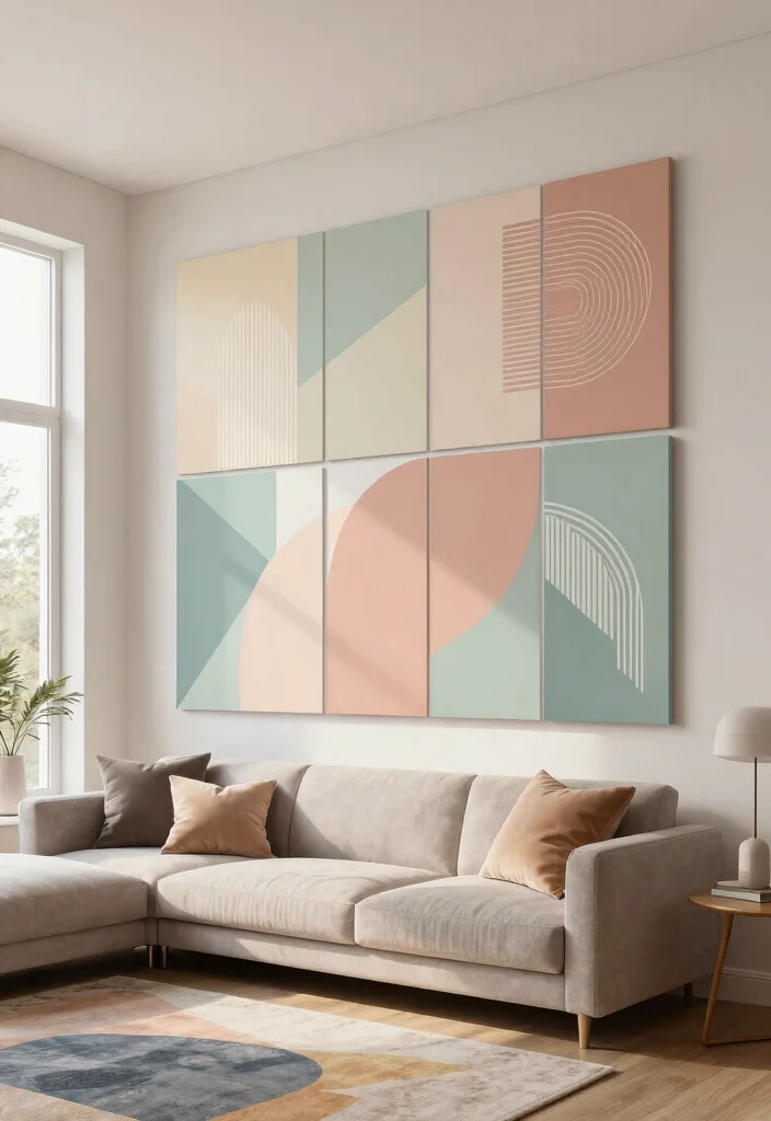 14 High Ceiling Wall Decor Living Room Ideas That Don't Feel Empty - 12. Artistic Wall Panels 1