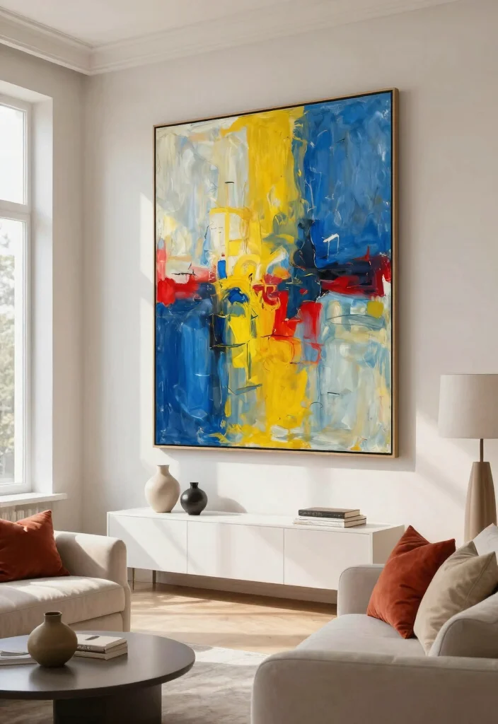 14 High Ceiling Wall Decor Living Room Ideas That Don't Feel Empty - 2. Oversized Artwork 1