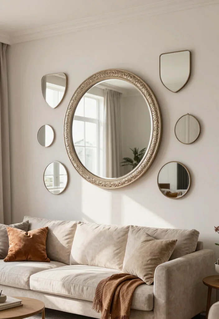 14 High Ceiling Wall Decor Living Room Ideas That Don't Feel Empty - 3. Creative Mirrors 1