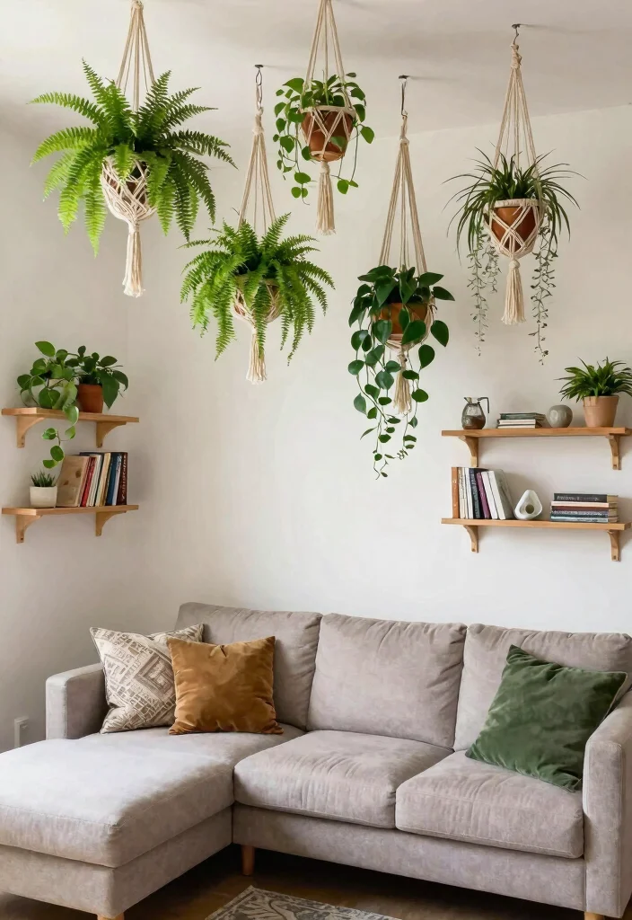 14 High Ceiling Wall Decor Living Room Ideas That Don't Feel Empty - 4. Hanging Plants 1