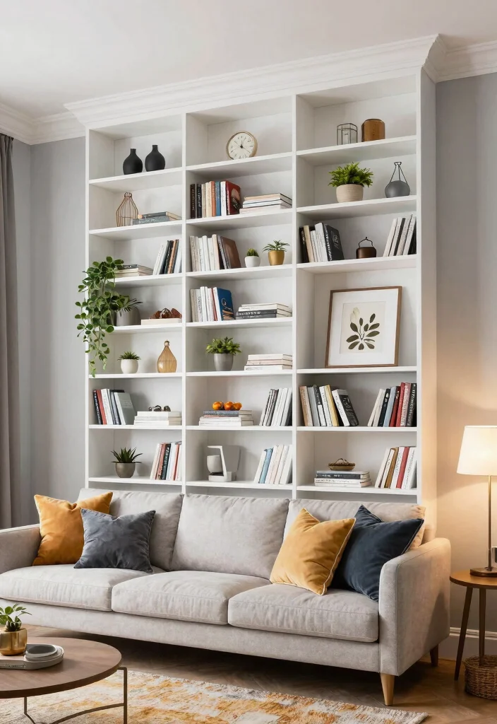 14 High Ceiling Wall Decor Living Room Ideas That Don't Feel Empty - 5. Shelving Units 1
