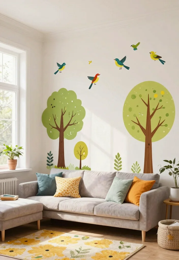 14 High Ceiling Wall Decor Living Room Ideas That Don't Feel Empty - 6. Wall Decals and Stickers 1