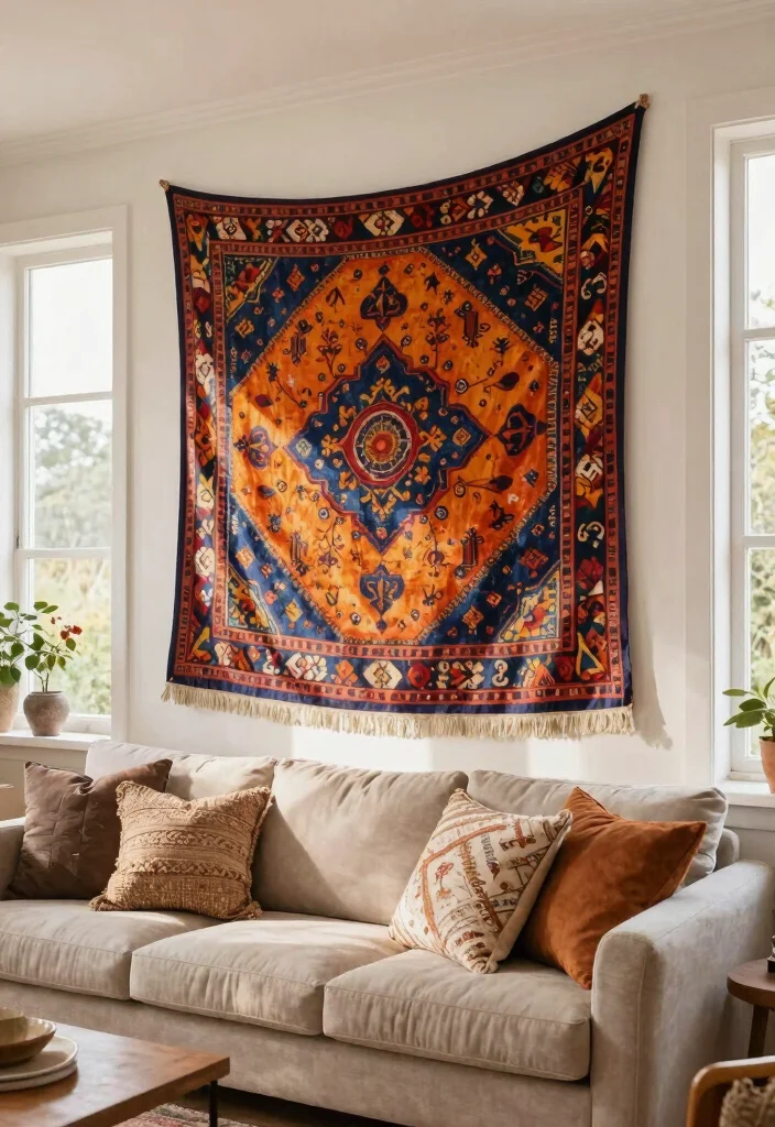 14 High Ceiling Wall Decor Living Room Ideas That Don't Feel Empty - 7. Tapestries and Fabric Hangings 1