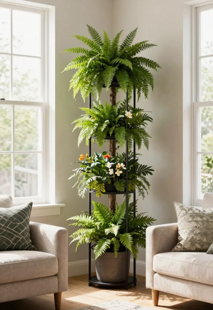 14 High Ceiling Wall Decor Living Room Ideas That Don't Feel Empty - 9. Large Plant Stands 1