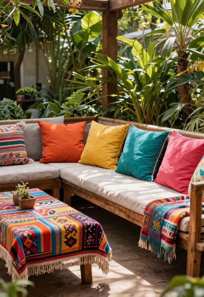 14 Mexican Farmhouse Decor Ideas That Work in Any Climate - 13. Colorful Outdoor Fabrics 1
