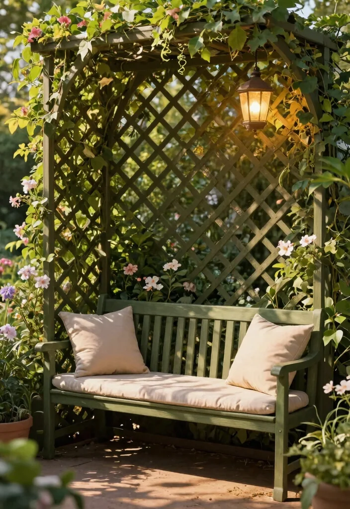 14 Patio Bench Ideas That Fit Tight Corners and Narrow Spaces - 6. Bench with Trellis Backing 1