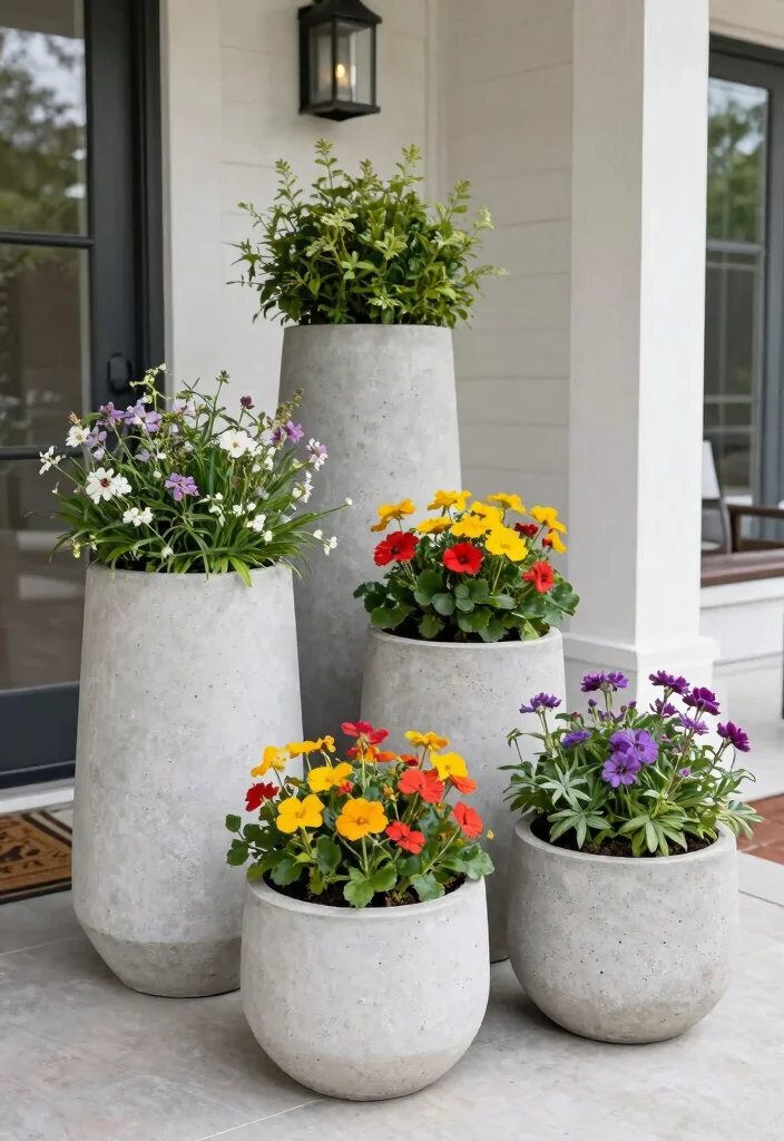 14 Porch Planter Box Ideas That Stay Watered and Boost Curb Appeal - 10. Elegant Concrete Planters 1
