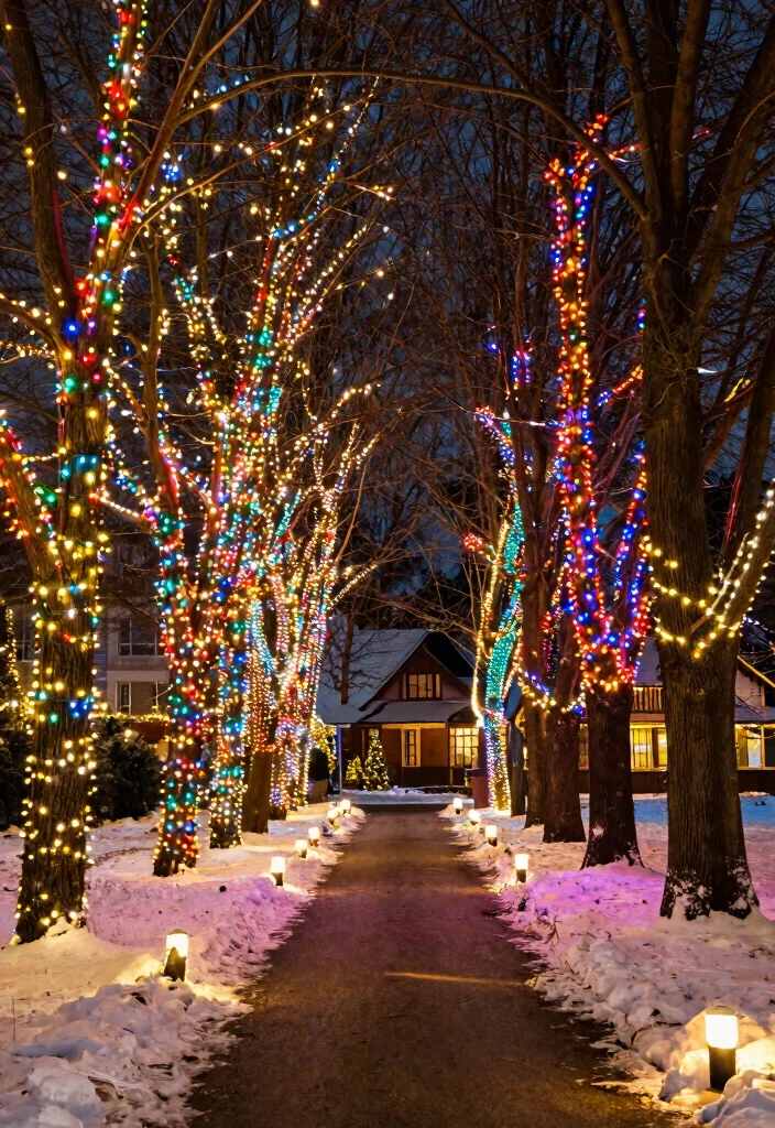 15 Christmas Walkway Ideas That Stay Lit Through Snow and Ice - 2. String Lights Wrapped Around Trees 1