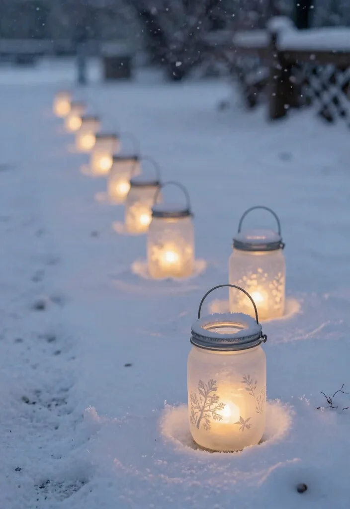 15 Christmas Walkway Ideas That Stay Lit Through Snow and Ice - 5. DIY Frosted Jar Lanterns 1