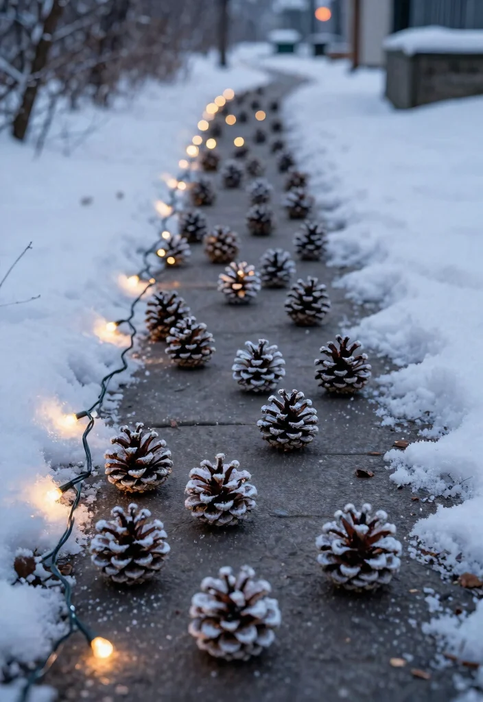 15 Christmas Walkway Ideas That Stay Lit Through Snow and Ice - 7. Frosted Pinecone Path Decor 1
