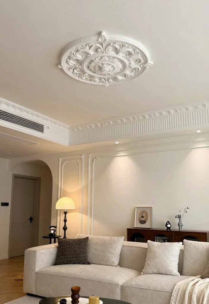 15 Farmhouse Crown Molding Concepts That Install Without a Miter Saw - 6. Decorative Ceiling Medallions 1