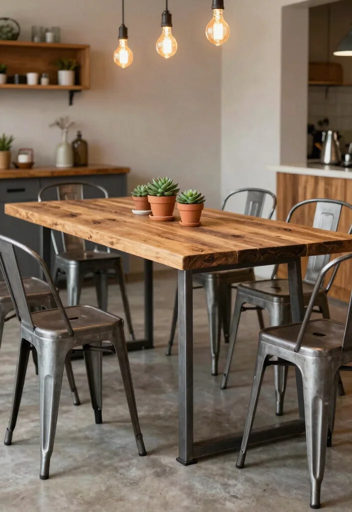 15 Large Farmhouse Table Concepts That Seat 8 Without Custom Build - 7. Rustic Industrial Fusion 1