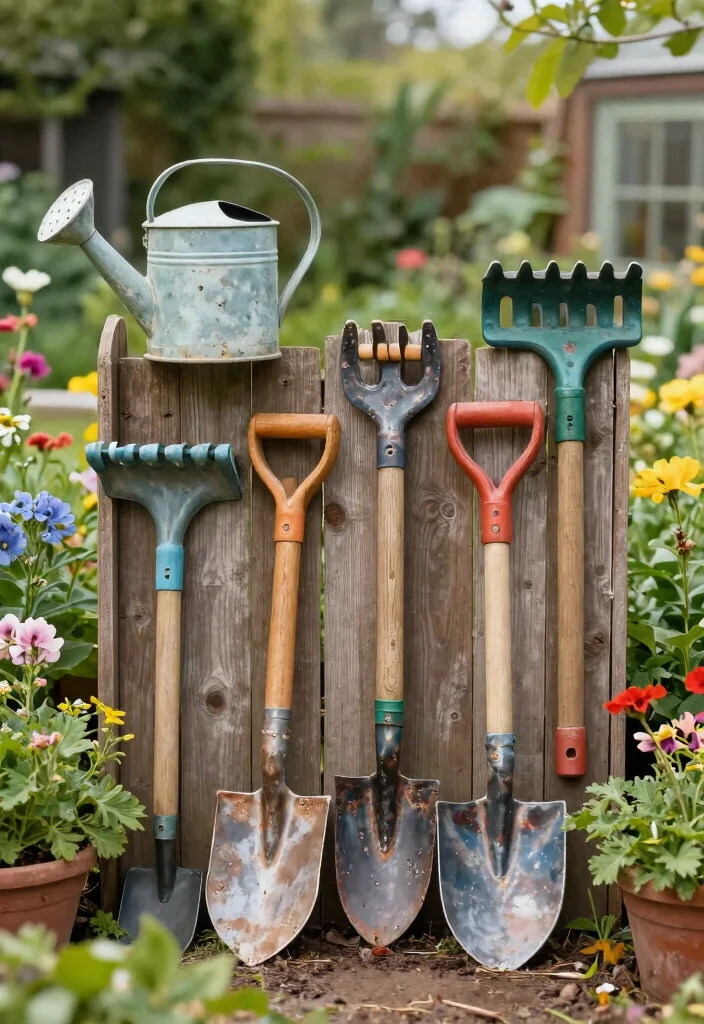 15 Outdoor Fence Decor Ideas That Boost Curb Appeal From the Street - 11. Vintage Garden Tools Display 1