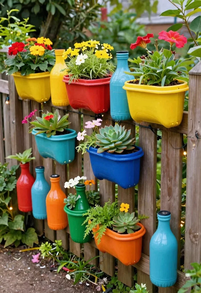 15 Outdoor Fence Decor Ideas That Boost Curb Appeal From the Street - 2. Recycled Bottle Planters 1