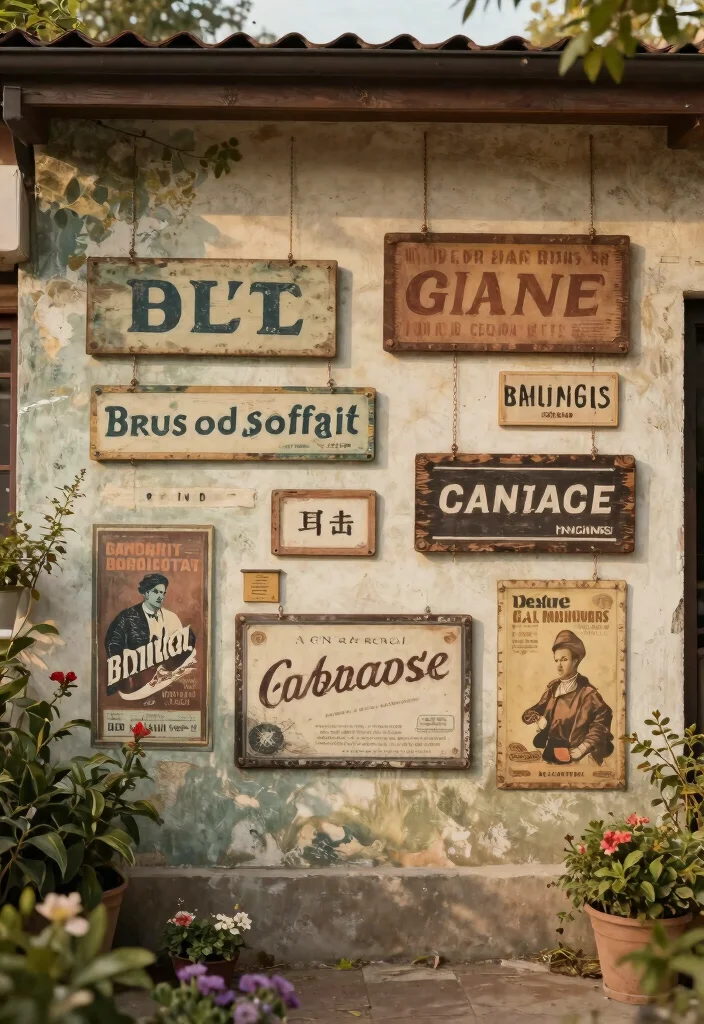 15 Outdoor Wall Art Garden Mural Ideas That Survive Rain - 5. Vintage Signs and Art 1