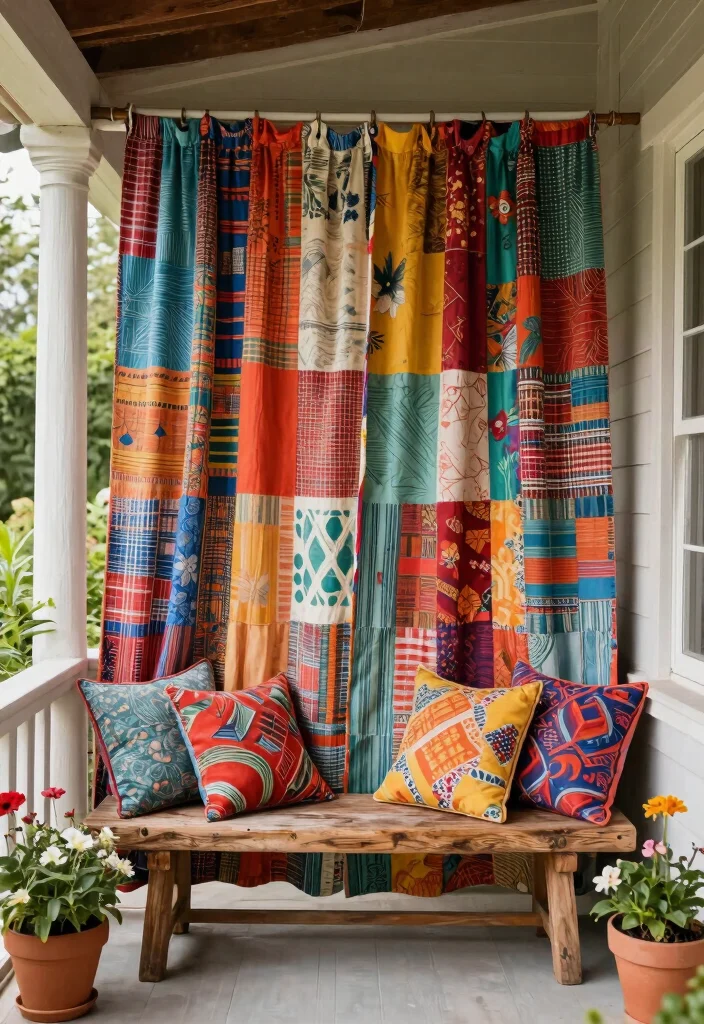 15 Porch Curtains Exterior That Block Sun and Wind Without Blowing Away - 8. Upcycled Fabric Curtains for a Sustainable Touch 1