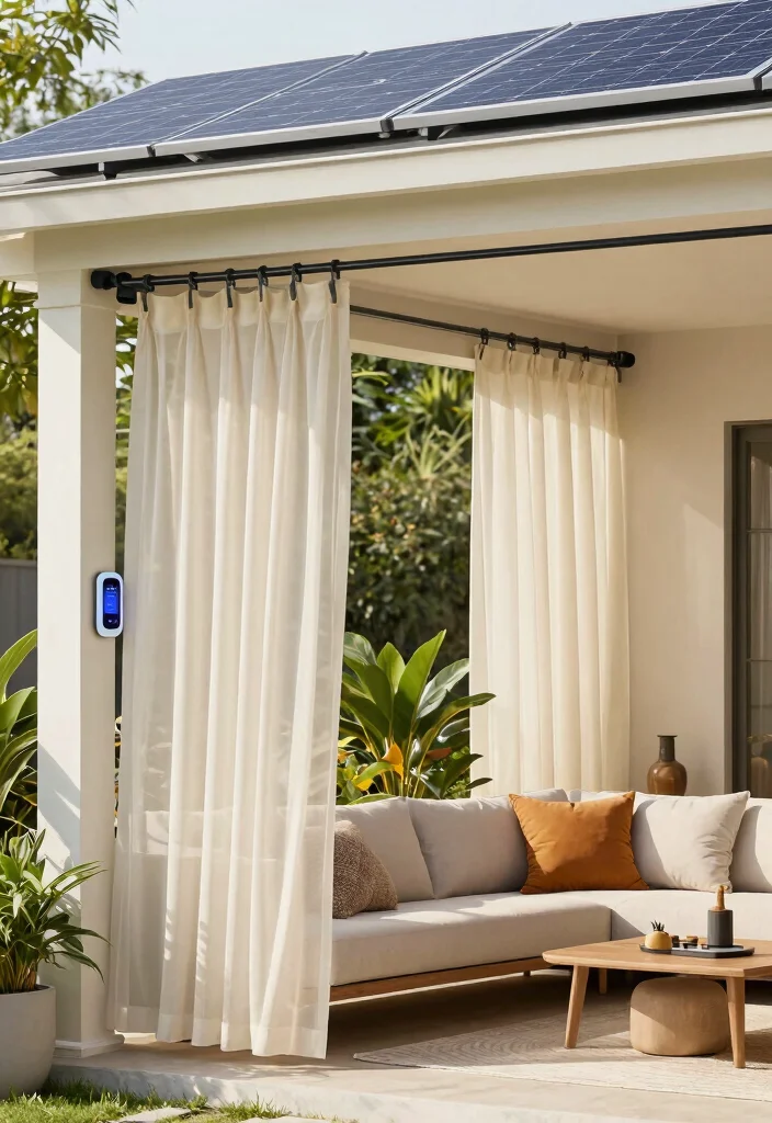 15 Porch Curtains Exterior That Block Sun and Wind Without Blowing Away - 9. Solar-Powered Curtain Rods 1