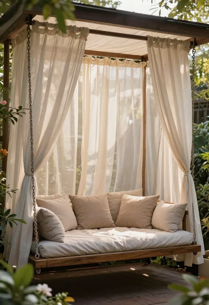 15 Porch Swing Bed Ideas That Support Two Adults Safely - 10. Chic Canopy Swing Bed with Curtains 1