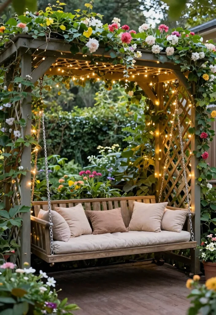 15 Porch Swing Bed Ideas That Support Two Adults Safely - 11. Garden Swing Bed with Trellis 1