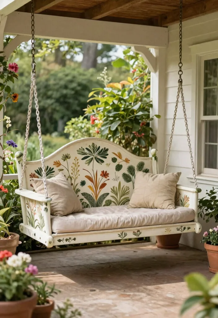 15 Porch Swing Bed Ideas That Support Two Adults Safely - 15. Vintage-Style Swing Bed with Nature Motifs 1