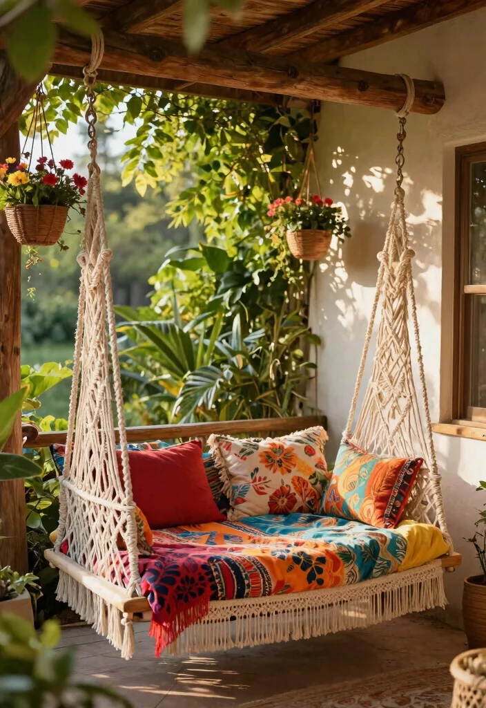 15 Porch Swing Bed Ideas That Support Two Adults Safely - 3. Bohemian Vibes with Macrame Details 1