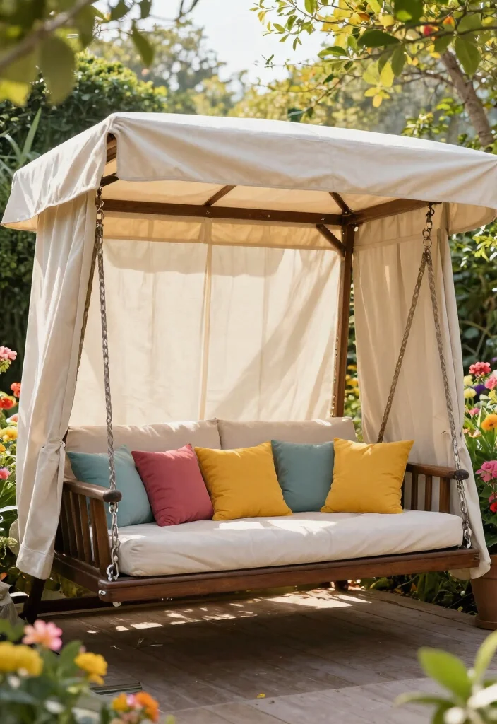 15 Porch Swing Bed Ideas That Support Two Adults Safely - 7. Swing Bed with Integrated Canopy 1