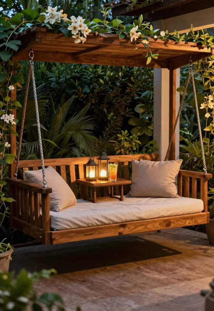 15 Porch Swing Bed Ideas That Support Two Adults Safely - 8. Elegant Swing Bed with Side Table 1