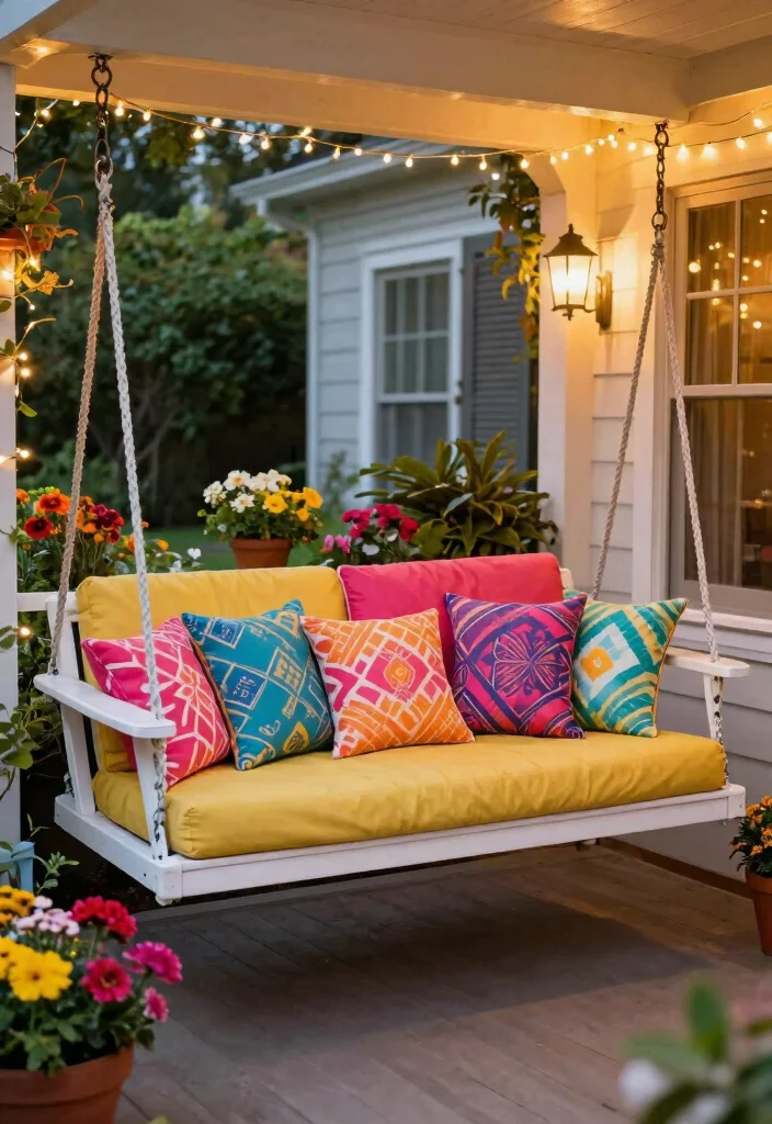 15 Porch Swing Bed Ideas That Support Two Adults Safely - 9. Colorful Swing Bed with Outdoor Textiles 1