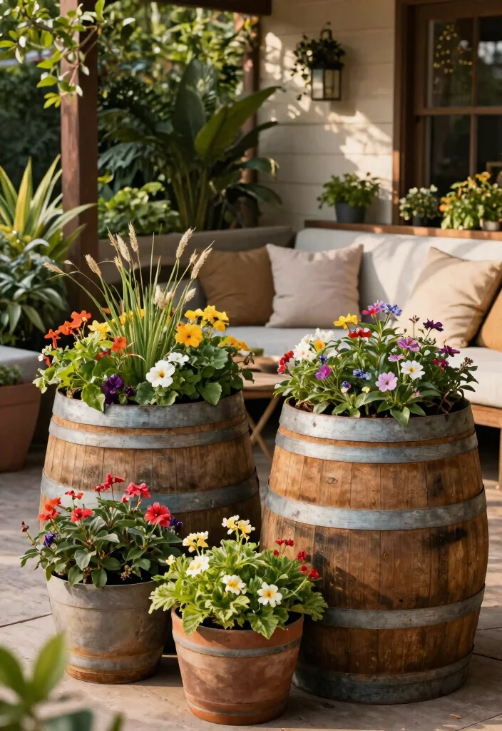 15 Privacy Planters for Patios That Block Views Without a Fence - 15. Recycled Wine Barrel Planters 1