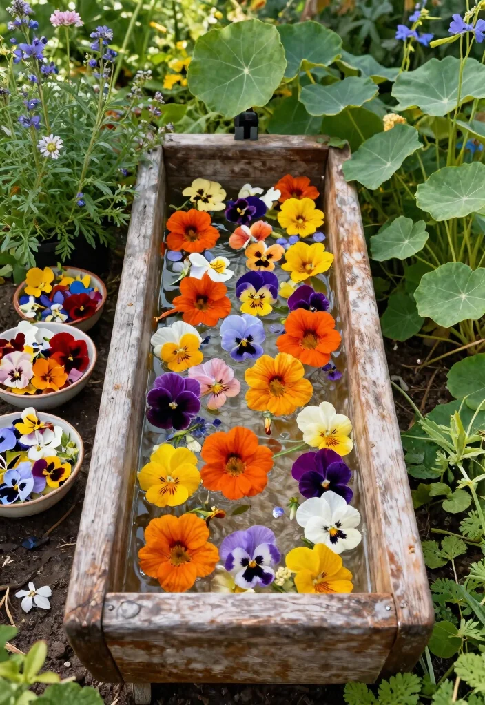 15 Water Trough Planter Concepts That Drain Properly and Look Rustic - 6. Edible Flower Planter 1