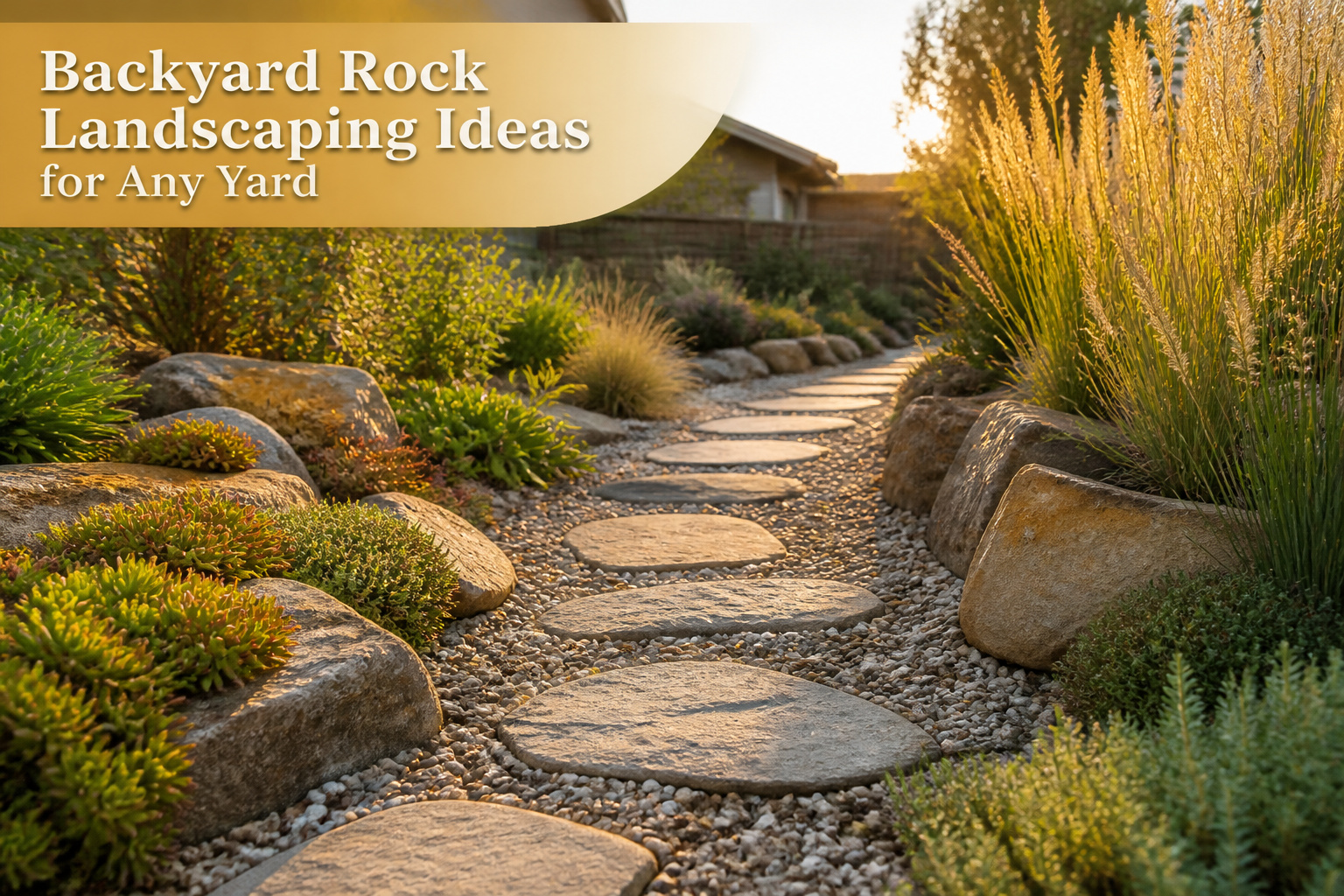Backyard featuring various rock landscaping ideas and plants.
