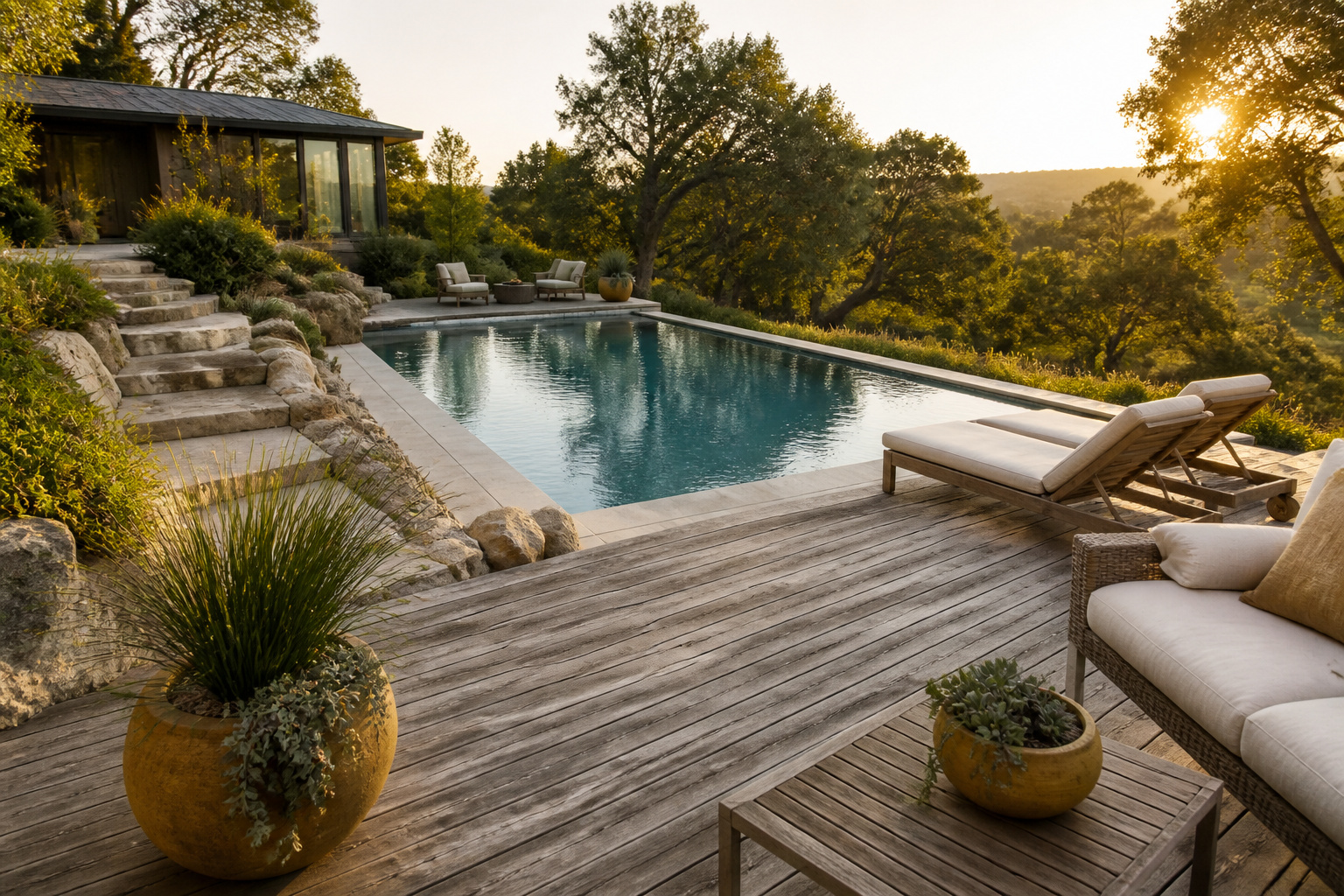 A backyard pool area featuring seating and surrounding greenery.