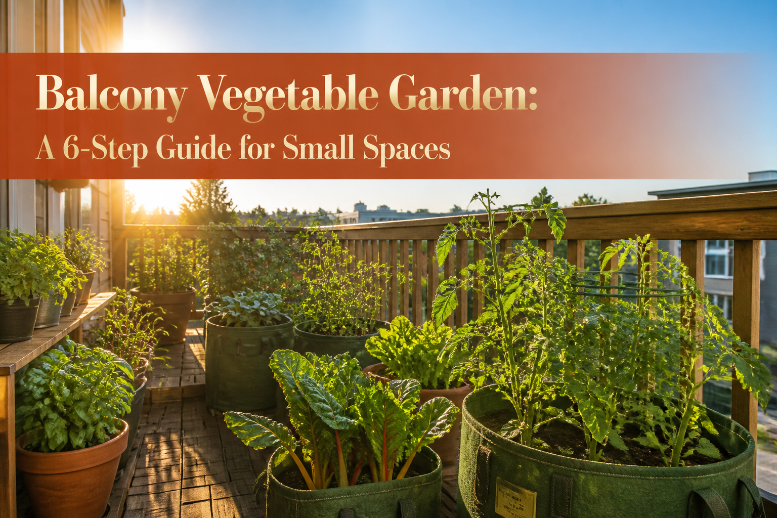 Balcony garden with various plants in containers and hanging planters.