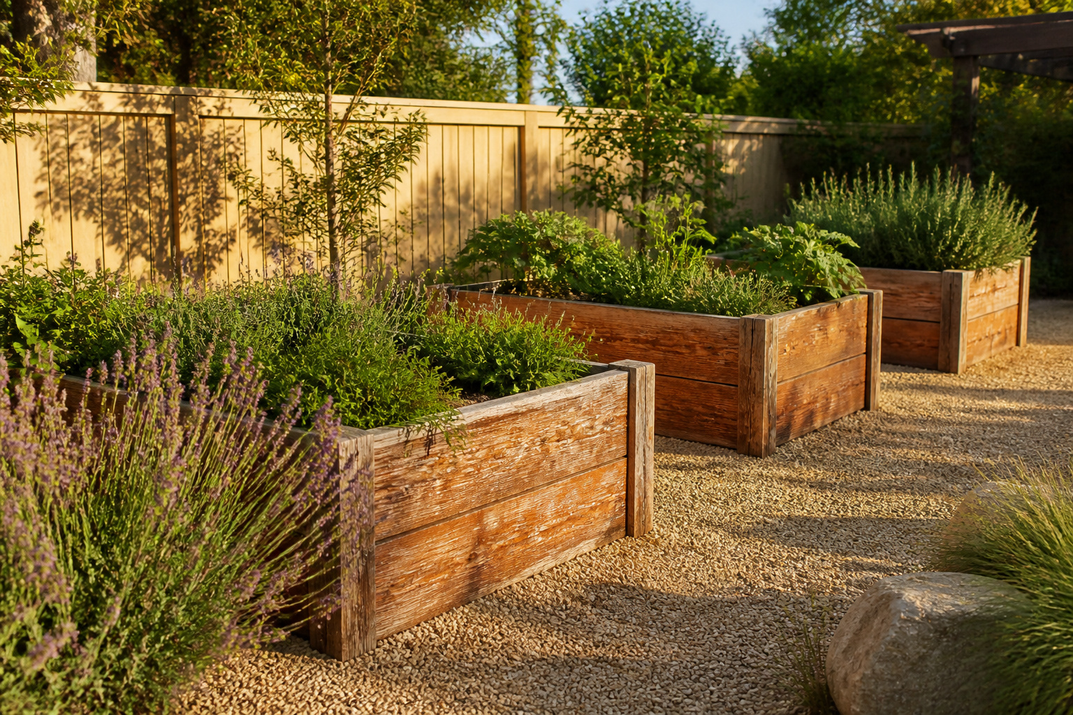 Several raised garden beds made from different materials and styles.