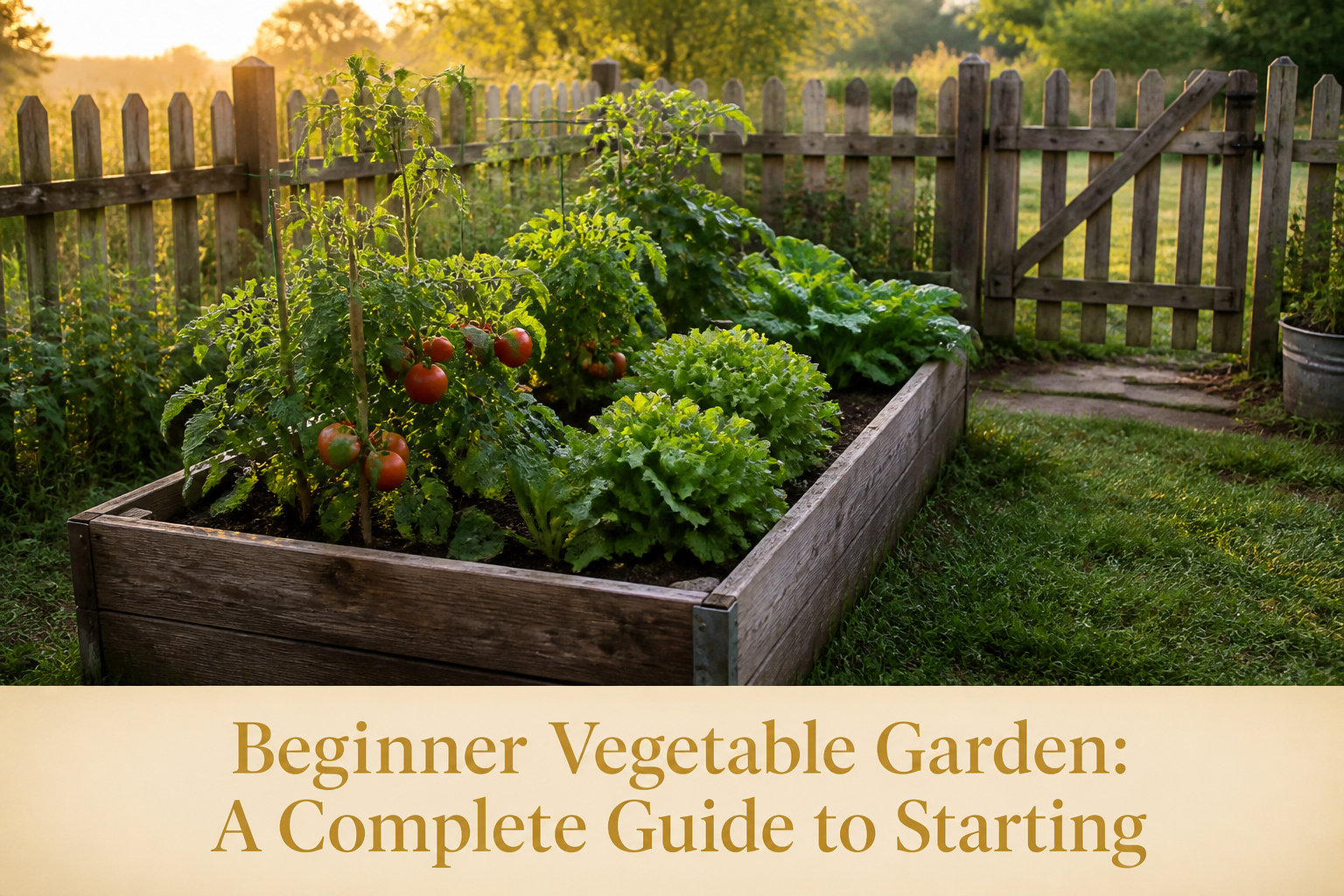 A colorful vegetable garden with various plants growing in raised beds.