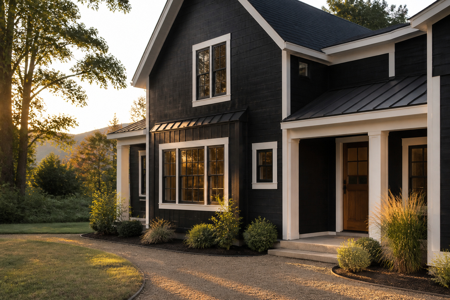 Black house with white trim showcasing a modern exterior design.