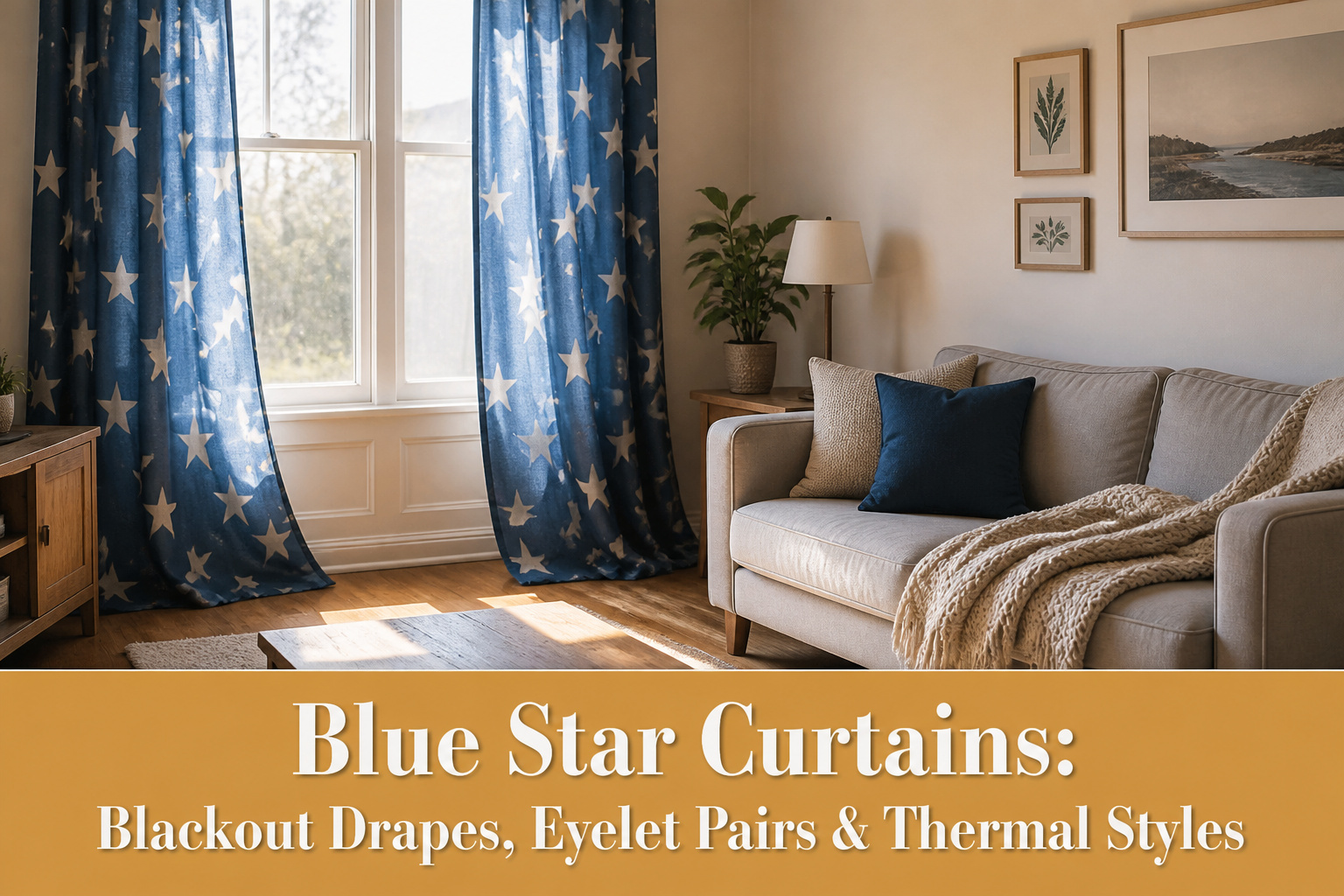 A display of blue star curtains in a stylish setting.