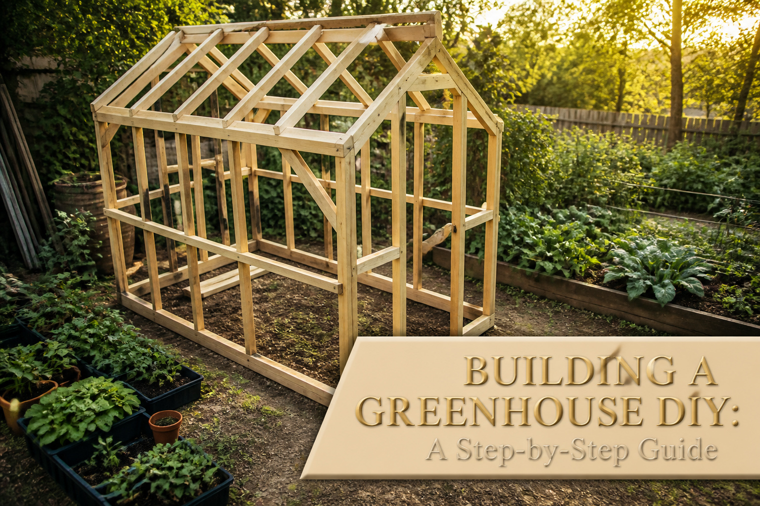 A finished greenhouse with plants inside and sunlight streaming through.