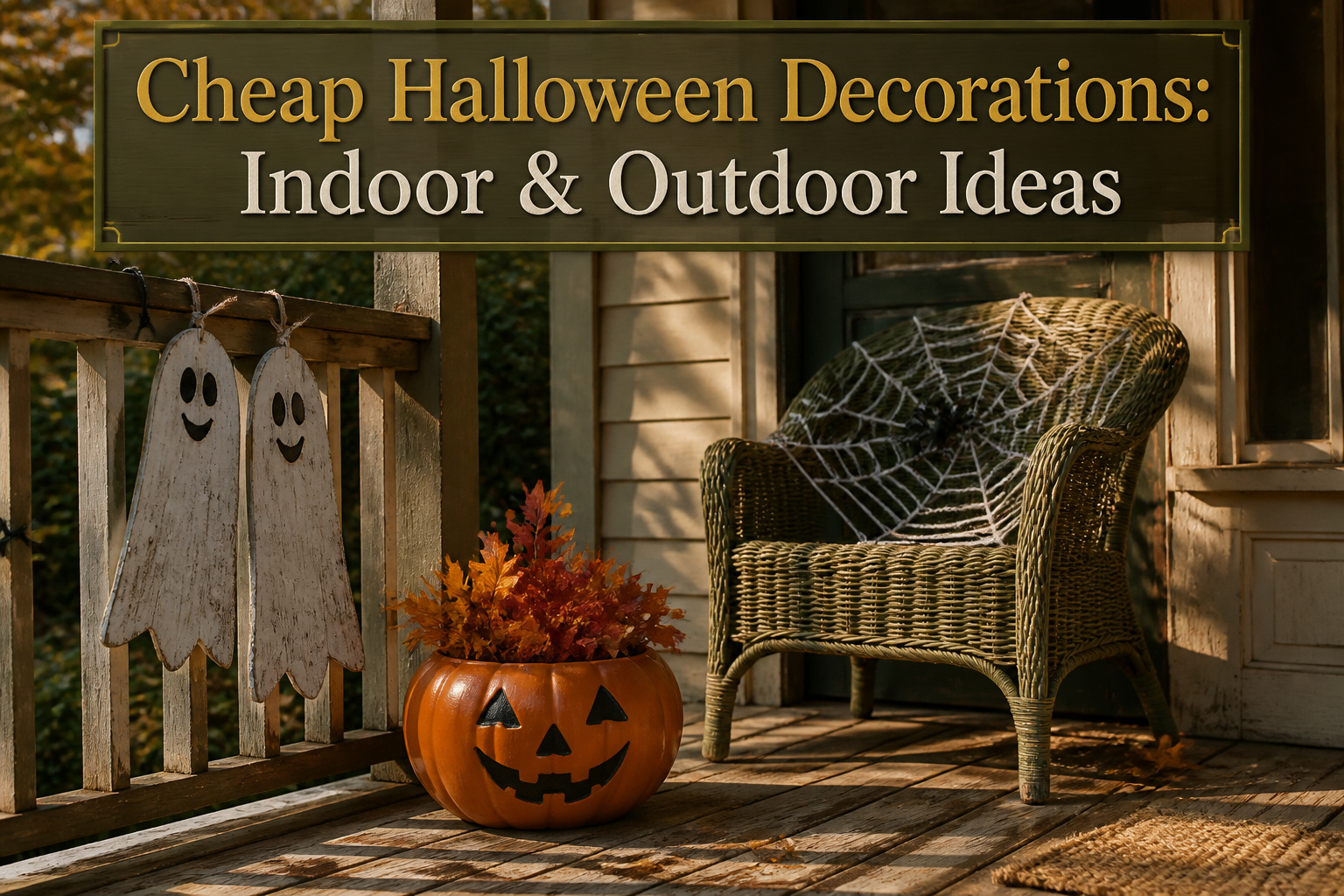 Various Halloween decorations including inflatables, lights, and props.