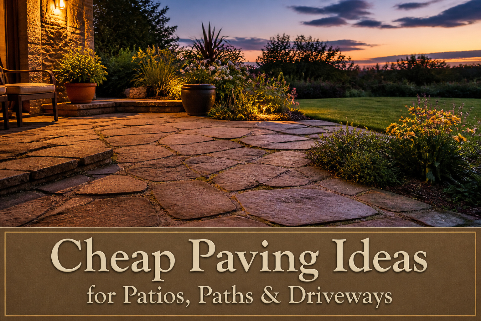 A collage of different cheap paving ideas for patios, paths, and driveways.