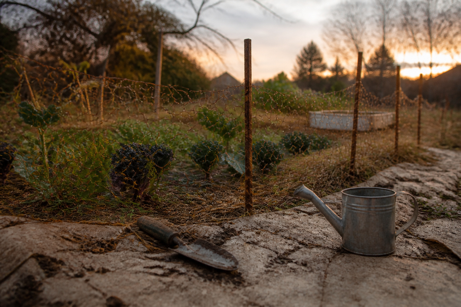 A garden enclosed by a chicken wire fence, showcasing various plants.
