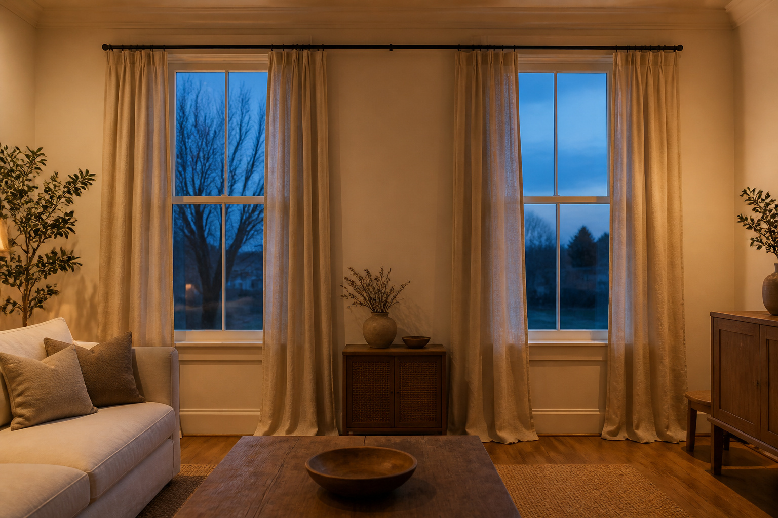 Living room featuring two windows with decorative curtains.