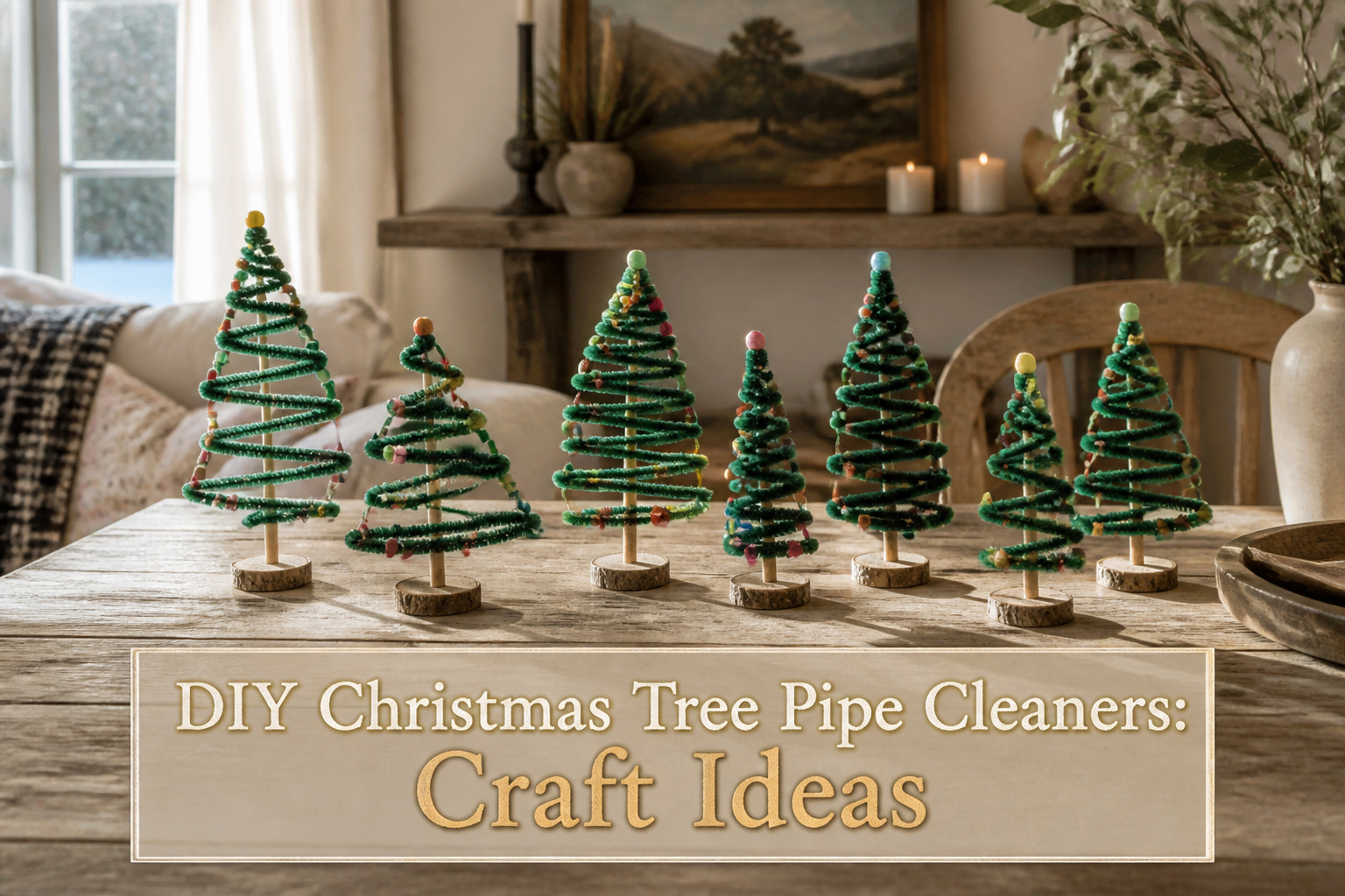 A collection of DIY pipe cleaner Christmas trees in various designs.