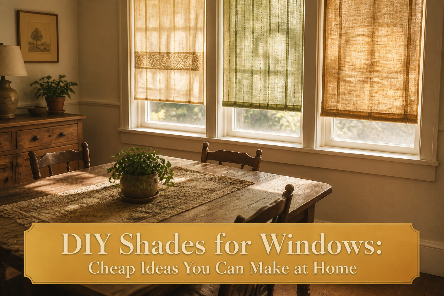Different types of DIY window shades displayed in a bright room.