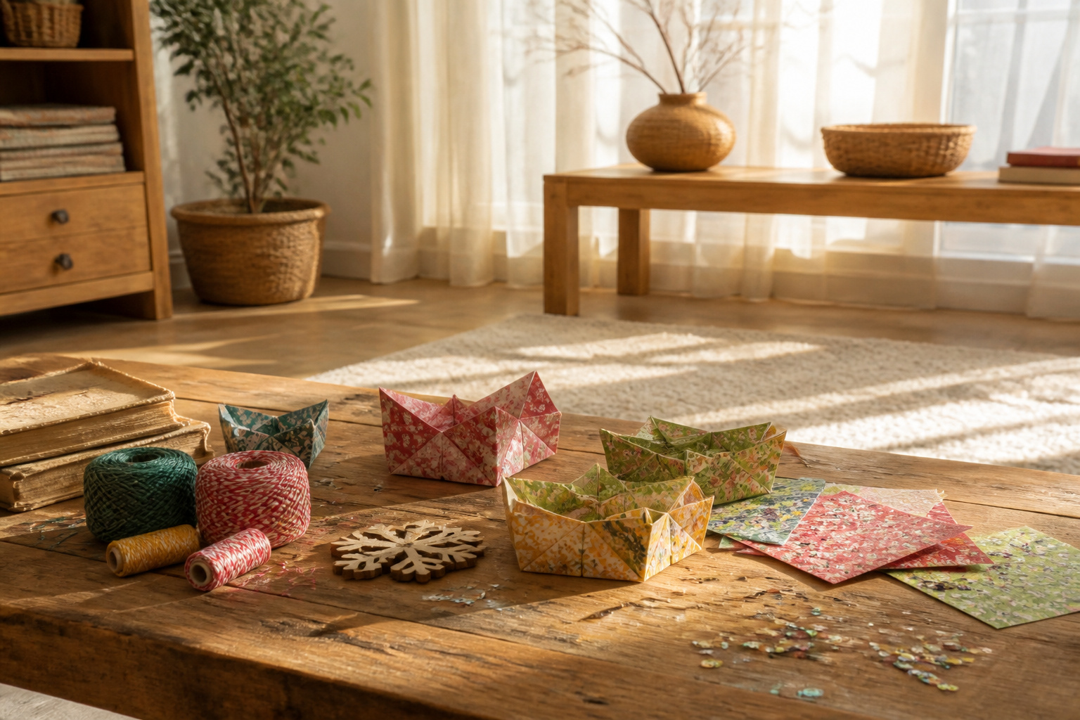 Various colorful Christmas crafts displayed on a table.